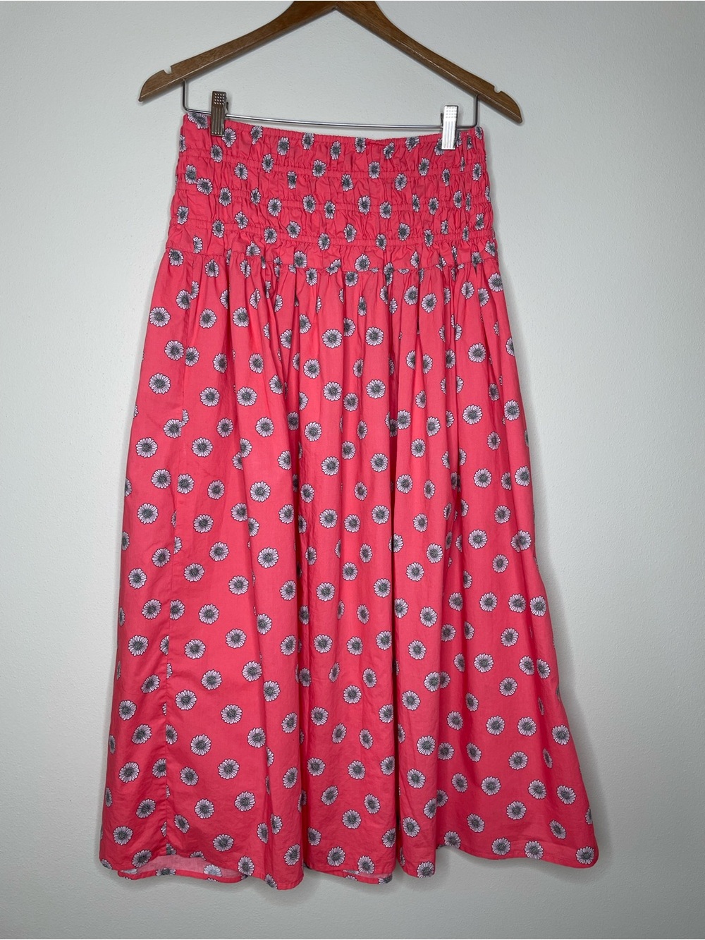 ON 34th Coral Pink Floral 100% Cotton Smocked-Waist Midi Skirt